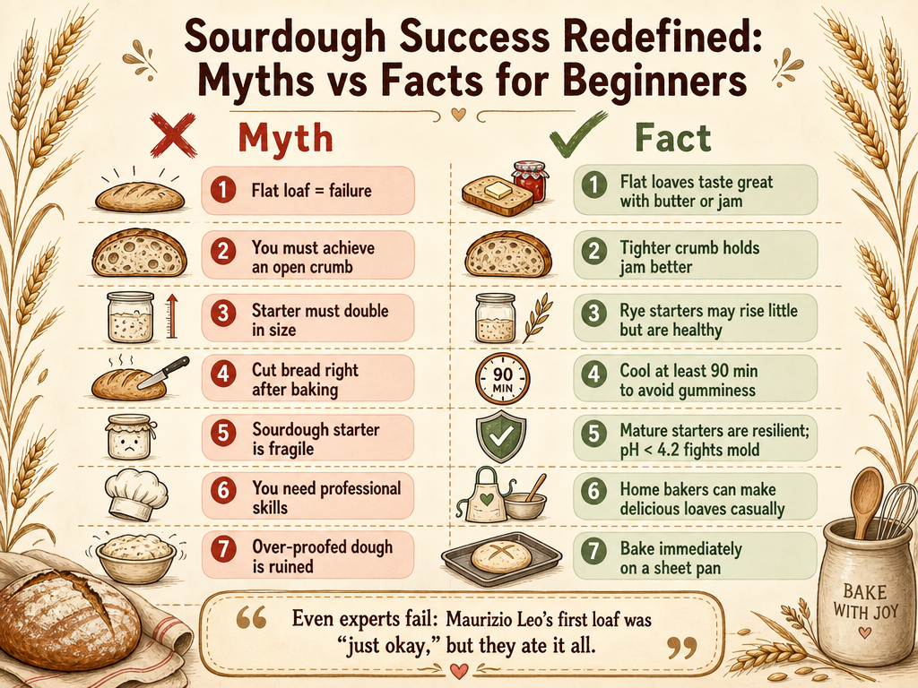 Sourdough success infographic comparing common beginner myths with reassuring facts, including tips about crumb texture, cooling time, starter resilience, and salvaging over-proofed dough, presented in a cozy kitchen card style.