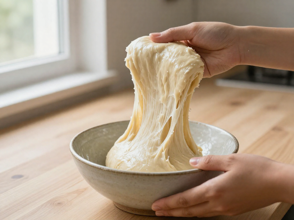 Hands stretching and folding a bowl of high-hydration sourdough dough on a light wooden counter