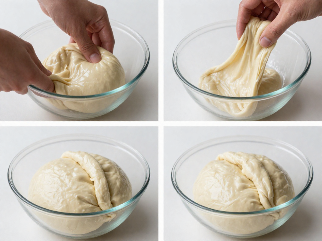 Four-panel grid demonstrating the steps of a single stretch and fold on sourdough dough