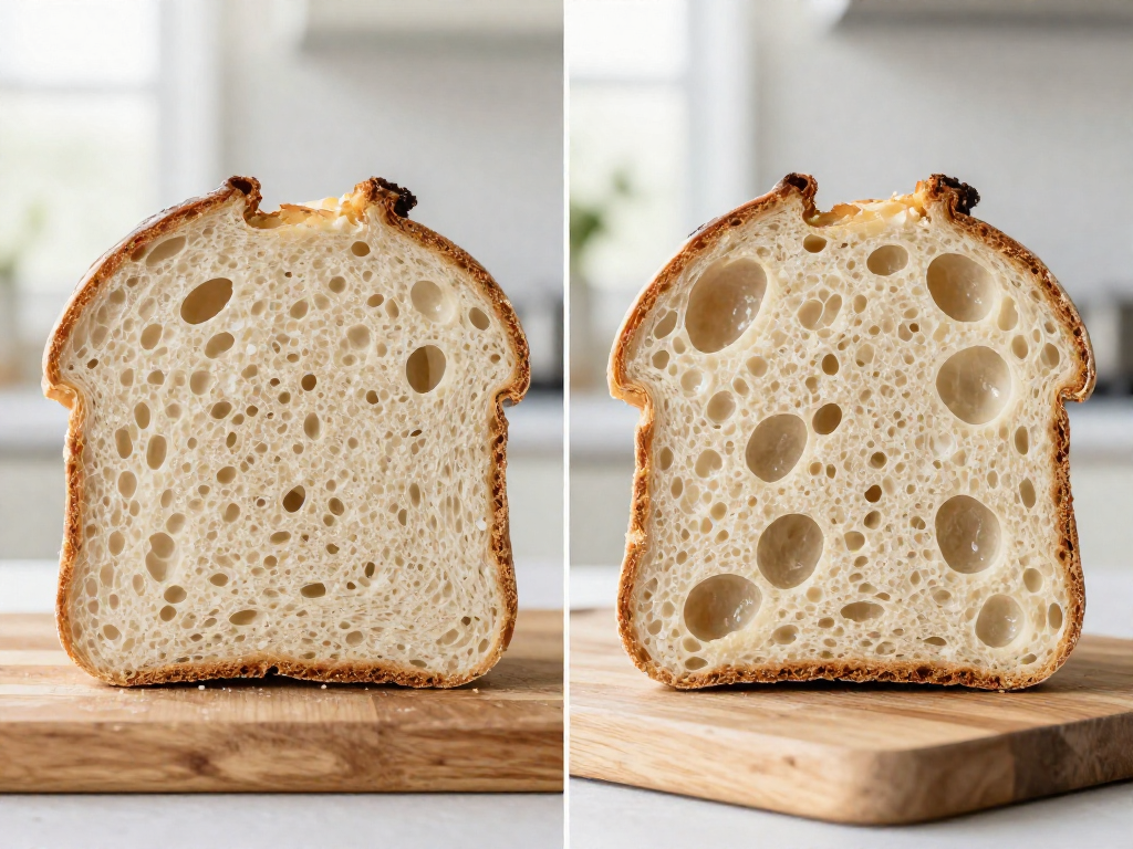 Two sliced sourdough loaves side by side comparing a dense crumb with an open airy crumb