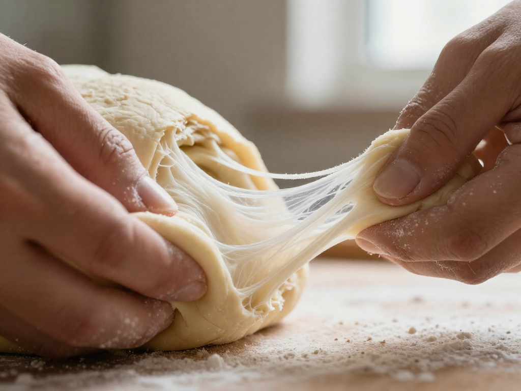 Close-up of sourdough dough being stretched between two hands, showing fine, elastic gluten strands.
