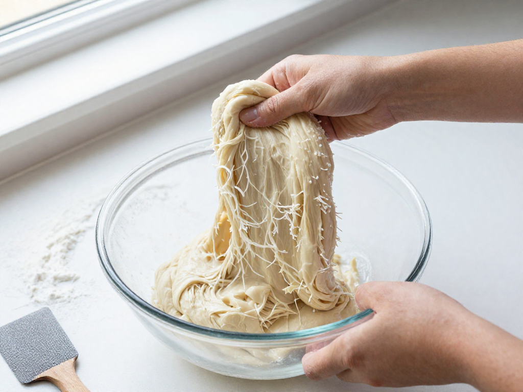Hands stretching and folding wet sourdough dough in a glass bowl on a flour-dusted kitchen counter.