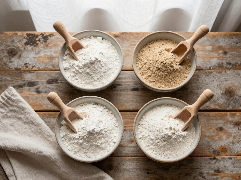 Four small bowls containing different flours—bread, all-purpose, cake, and whole wheat—arranged on a wooden table.