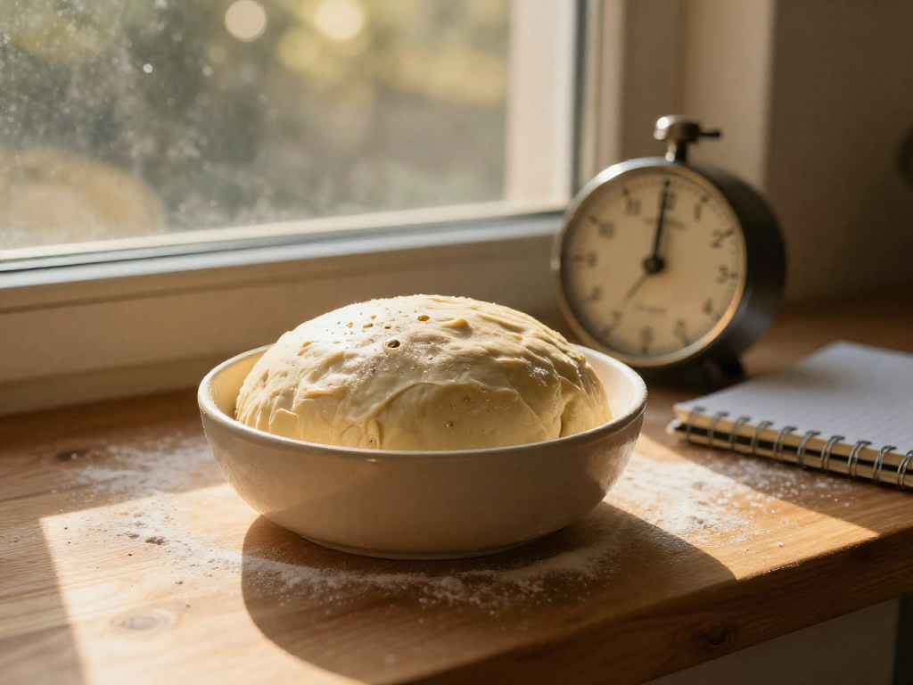 Bowl of sourdough dough resting beside a kitchen timer on a sunlit windowsill, suggesting a timed folding process.