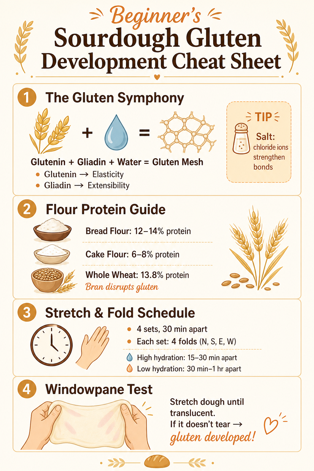 Infographic cheat sheet for beginner sourdough bakers: explains gluten formation from glutenin and gliadin, lists protein percentages for bread flour (12-14%), cake flour (6-8%), and whole wheat (13.8%), provides stretch and fold schedule (4 sets, 30 minutes apart, 4 folds per set), and the windowpane test for checking gluten development.