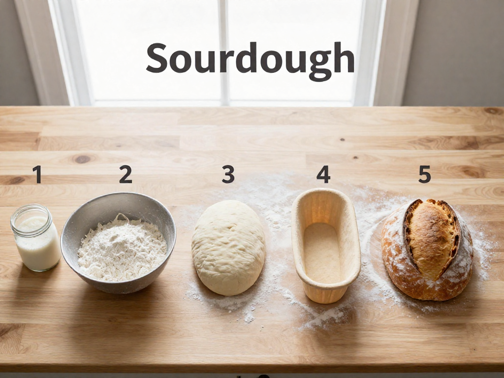 Flat-lay roadmap showing the five stages of sourdough baking from starter to finished loaf