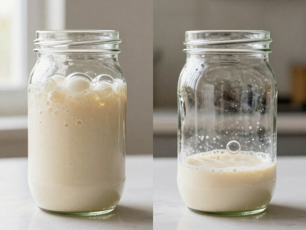 Comparison of an active bubbly sourdough starter next to a flat underactive starter