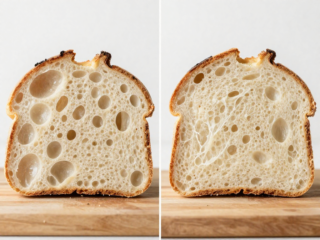 Comparison of a well-risen open crumb loaf beside a dense gummy sourdough crumb