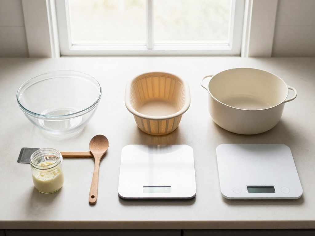 Minimal beginner sourdough equipment laid out neatly on a kitchen counter