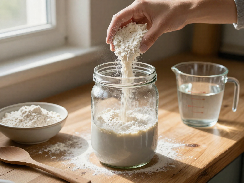 Hands pouring flour into a glass jar of sourdough starter on a wooden kitchen counter, with baking tools nearby, in soft morning light.