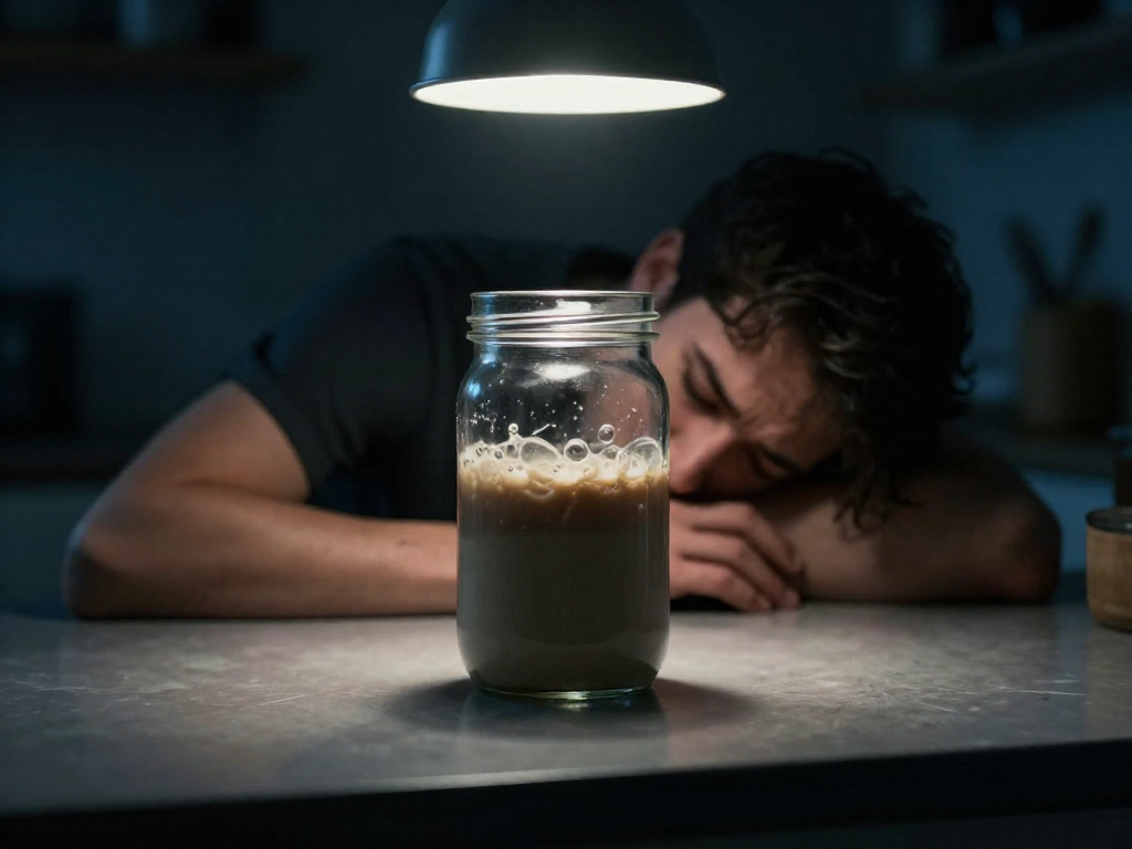 A glass jar of sourdough starter with dark liquid on top, on a dimly lit kitchen counter, with a person's hands resting on the table in frustration.