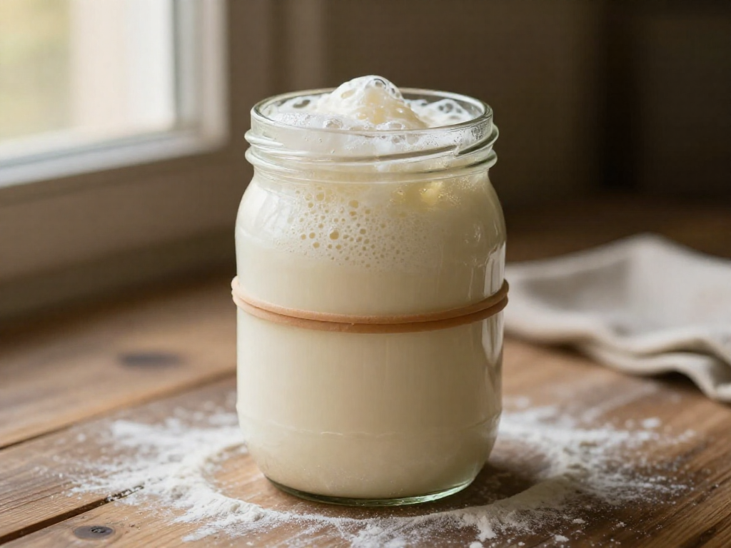 A glass jar of sourdough starter with a rubber band marking its initial level, now doubled in volume, on a wooden counter.