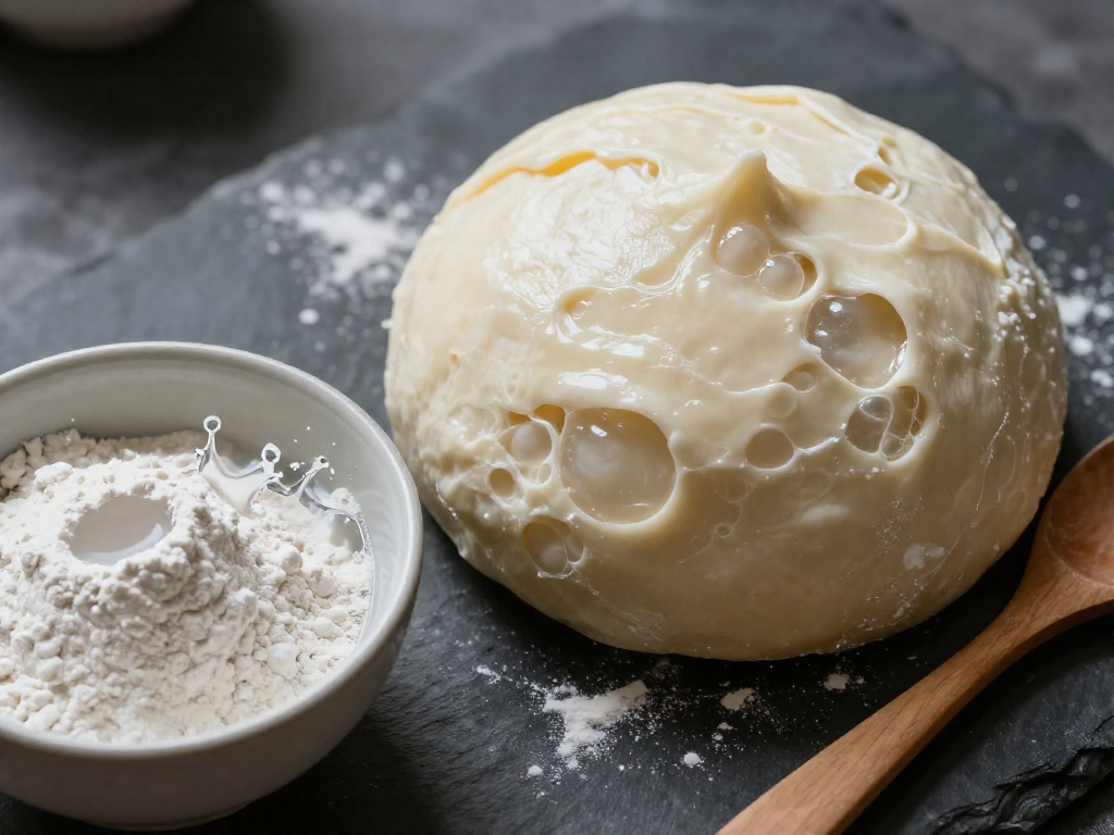 A close-up view of a bubbly, peaked sourdough starter next to a bowl of flour and water on a slate surface.
