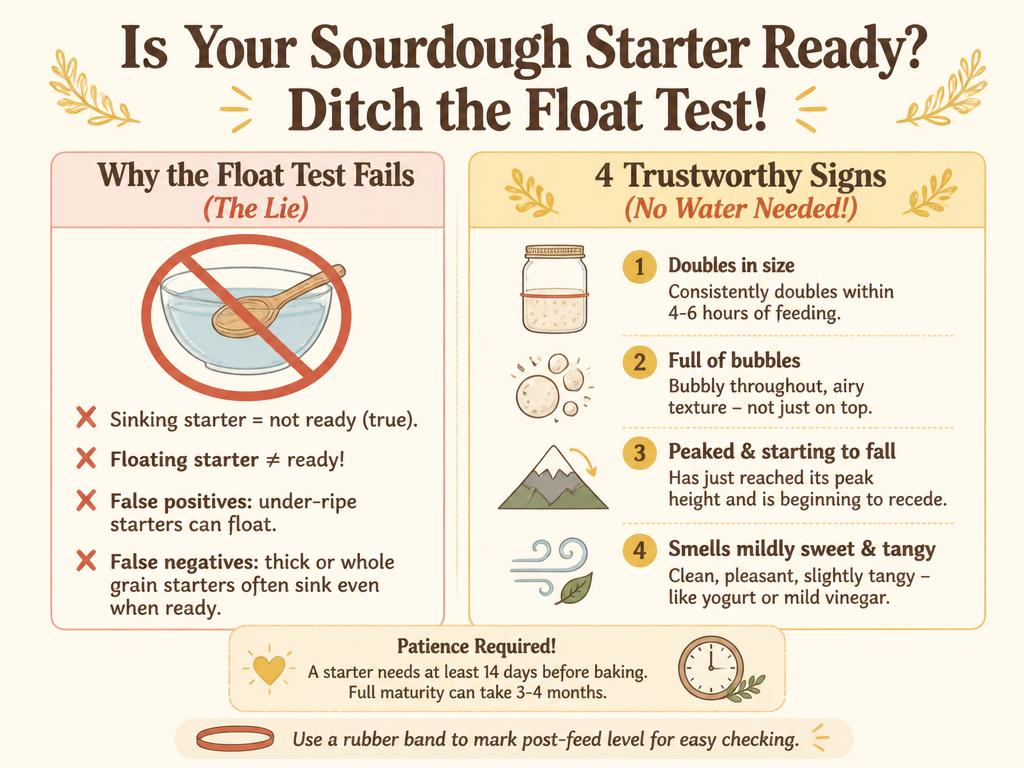 Infographic debunking the sourdough starter float test and presenting four reliable signs of readiness: doubling in size within 4-6 hours, full of bubbles and airy texture, just peaked and starting to fall, and smelling mildly sweet and tangy. Includes a patience note that a starter needs at least 14 days and full maturity can take 3-4 months, plus a tip to use a rubber band to track rise.