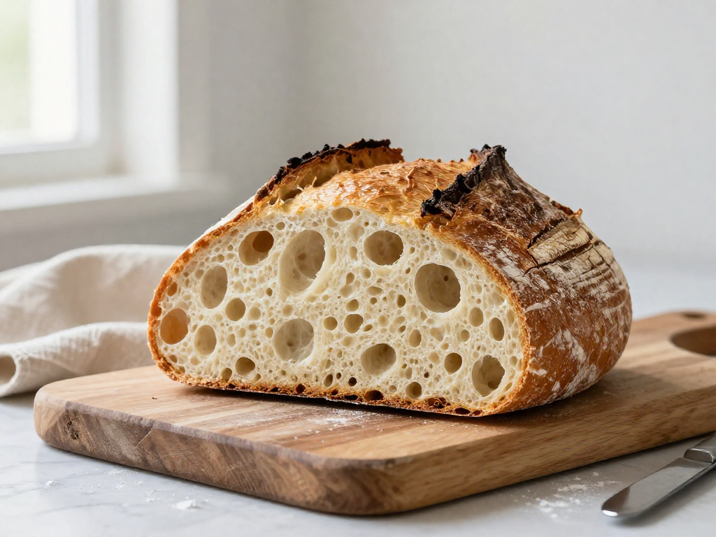 Sourdough loaf sliced open showing an open, airy crumb and golden crust on a wooden board