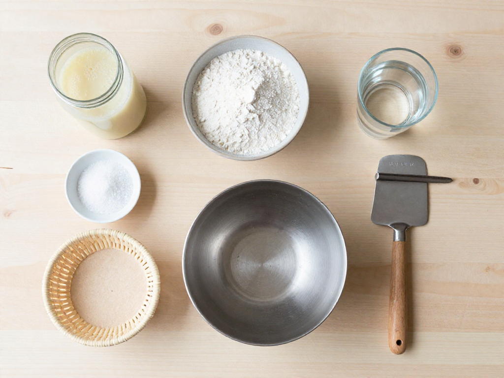 Overhead flat-lay of sourdough ingredients and equipment including starter, flour, salt, and tools