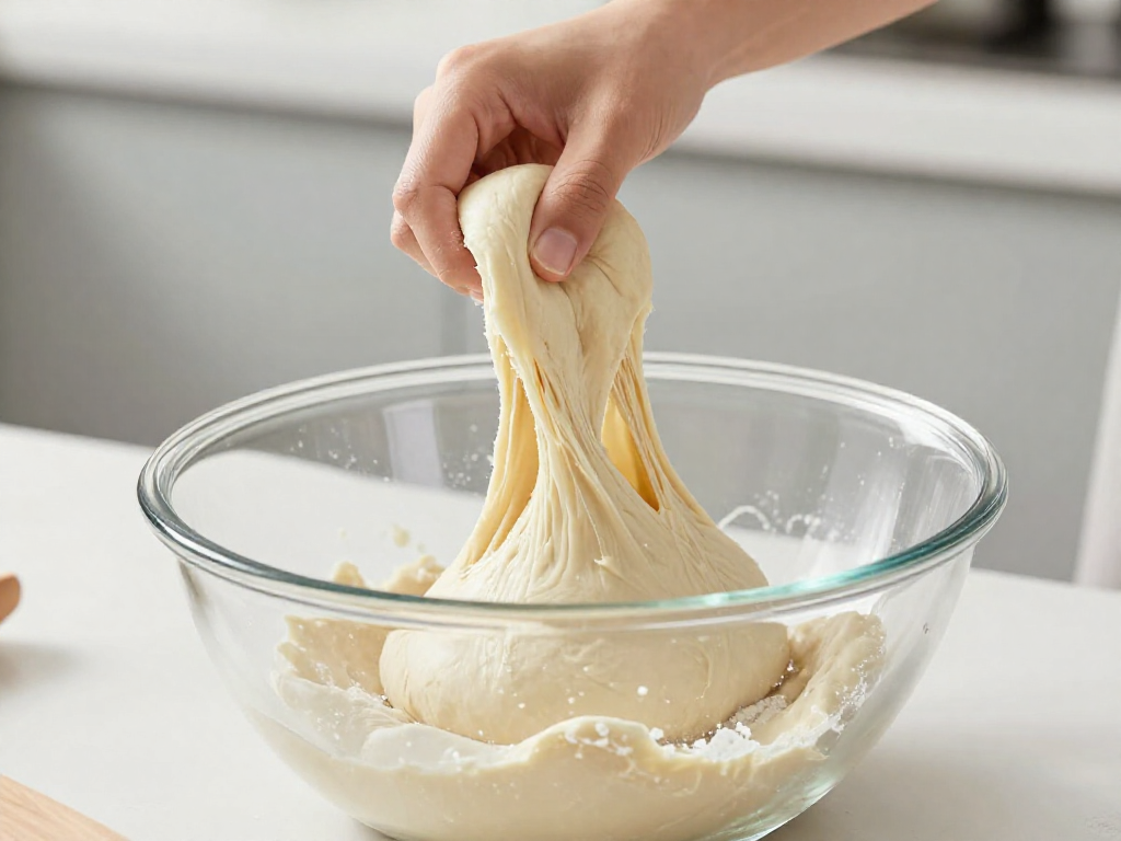 Baker's hands stretching and folding sourdough dough in a glass bowl