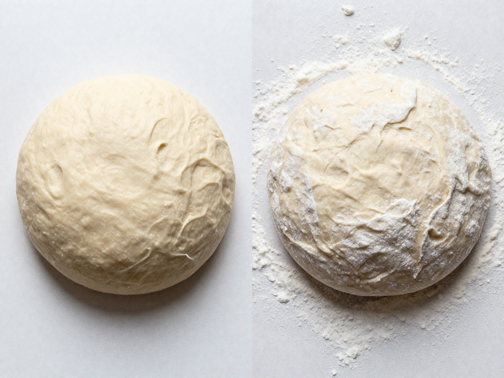 Side-by-side comparison of under-proofed and over-proofed sourdough dough