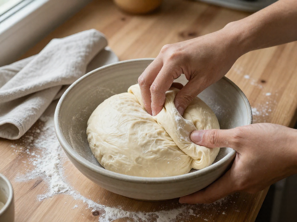 A person's hands stretching a ball of sourdough dough upward in a bowl, with flour on a wooden surface.