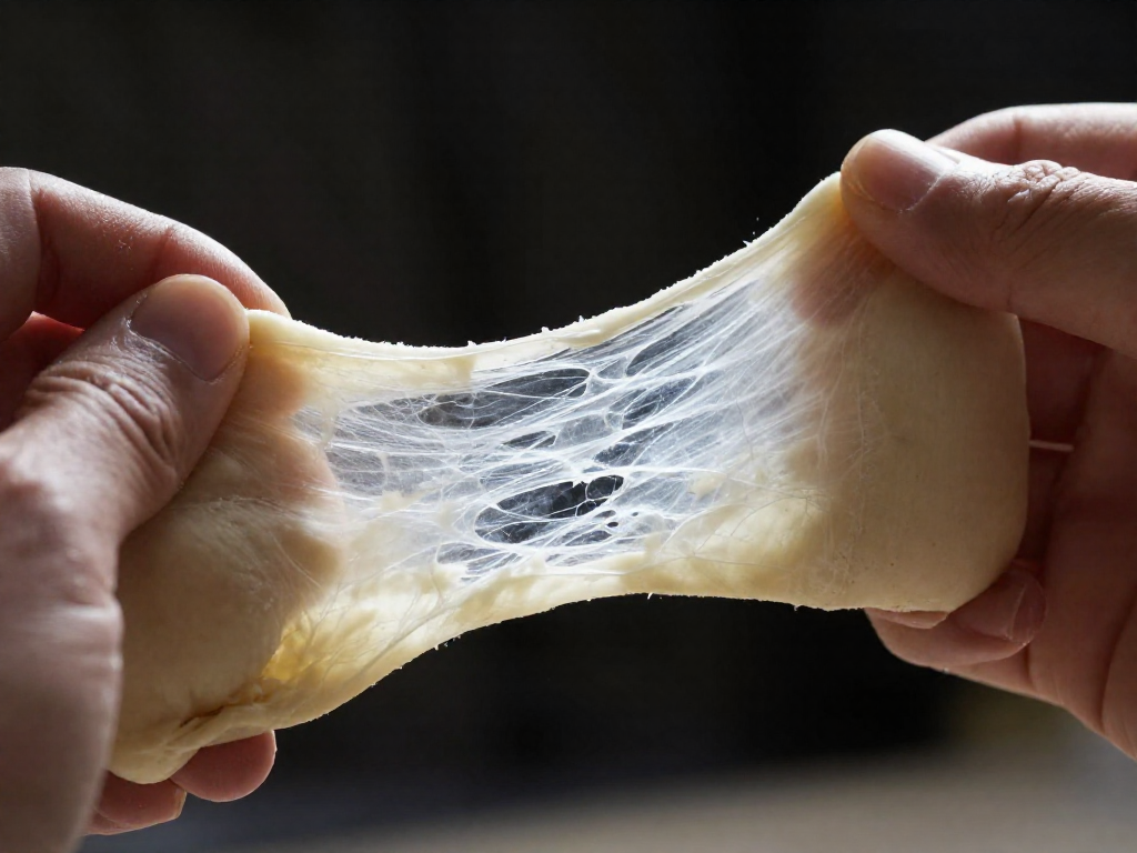 A thin, translucent sheet of dough stretched between fingers, showing it does not tear, indicating well-developed gluten.