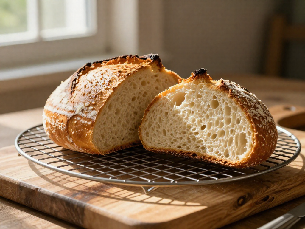 A round sourdough loaf on a cooling rack with a sliced piece showing a firm, even interior texture.