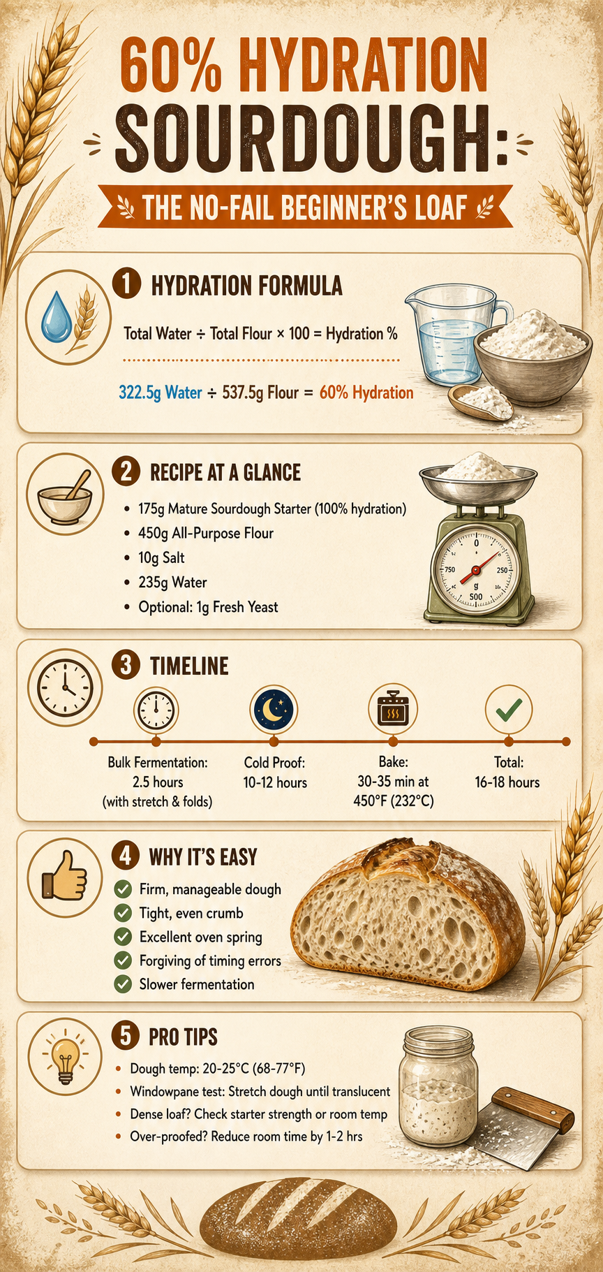 Infographic for a 60% hydration sourdough bread recipe, showing hydration formula, ingredient list with weights, timeline from bulk fermentation to baking, benefits of low hydration, and troubleshooting tips for beginners.