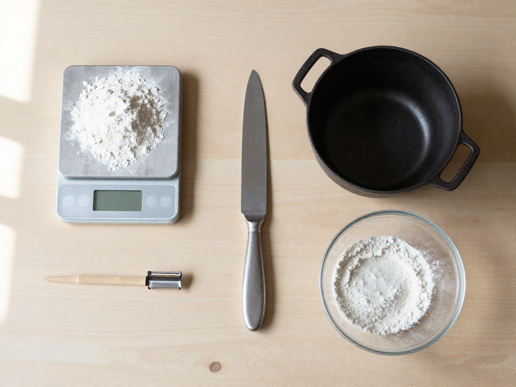 Overhead view of a digital scale, Dutch oven, bench knife, razor blade on a chopstick, and glass bowl on a wooden table, with flour dust, in soft natural light.