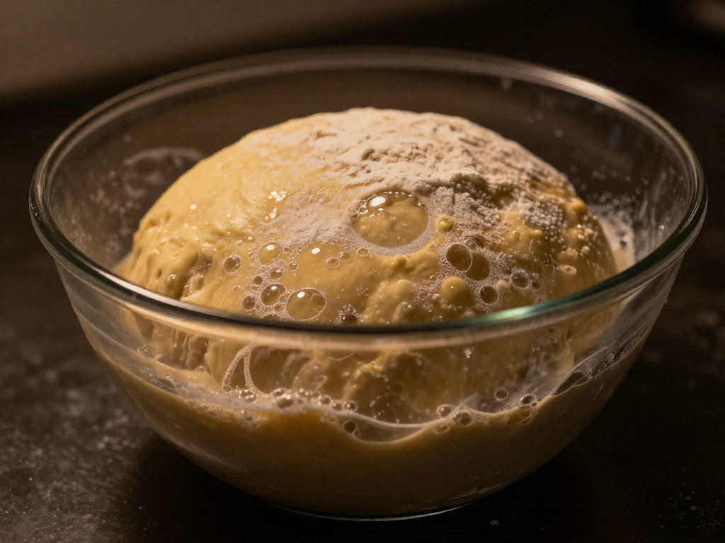 A clear glass bowl filled with rising sourdough dough, showing bubbles and a dusting of flour, on a dark counter under warm light.