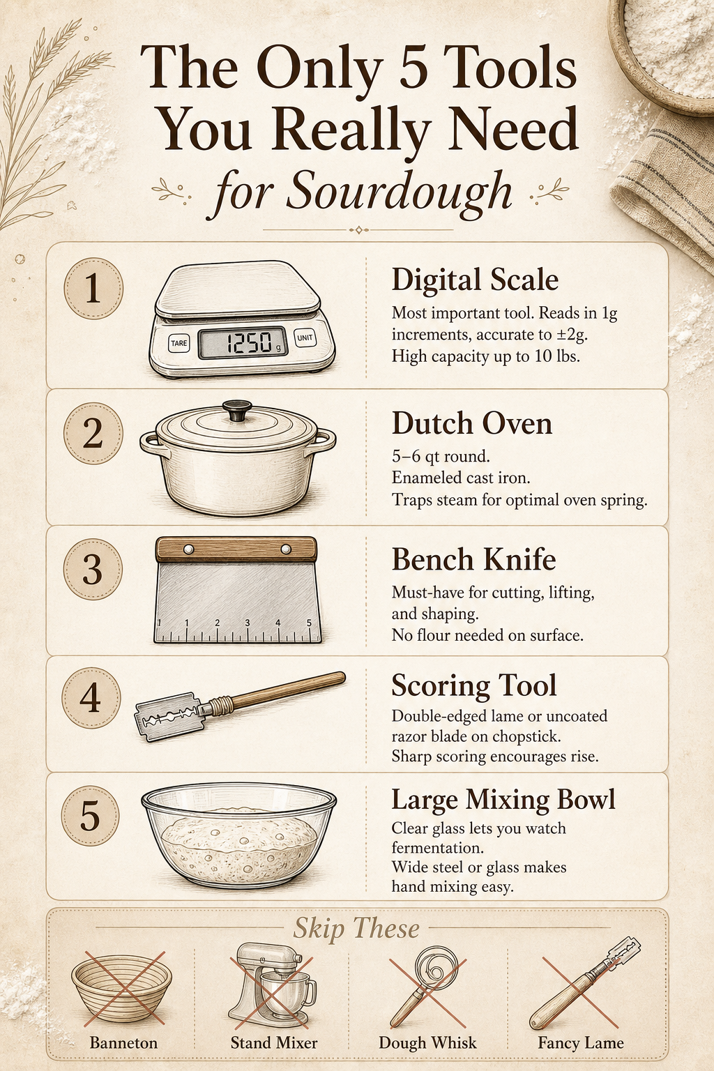 Infographic titled 'The Only 5 Tools You Really Need for Sourdough' listing five essential beginner sourdough tools with icons and key details: a digital scale with 1g accuracy and 10 lb capacity, a 5–6 qt enameled Dutch oven, a bench knife for cutting and shaping dough, a scoring tool like a razor blade on a chopstick, and a large clear glass mixing bowl to watch fermentation. A small 'Skip These' section shows crossed-out icons for banneton, stand mixer, dough whisk, and fancy lame.
