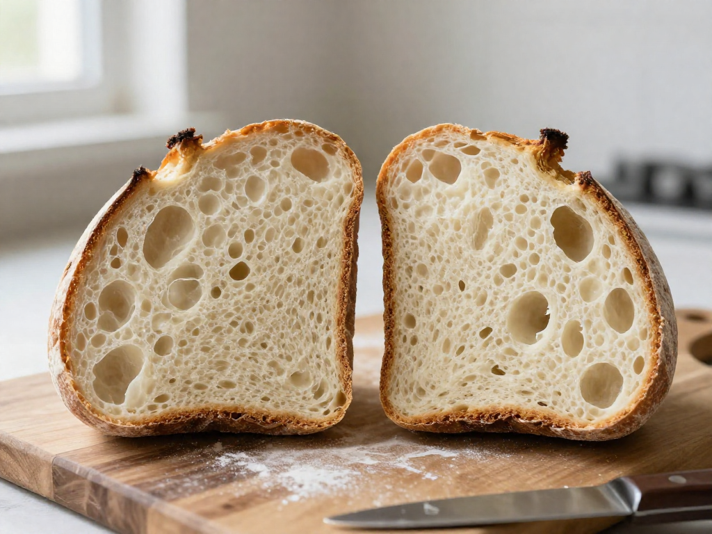 Two slices of bread on a cutting board, one round with a dense crumb and one oval with a more open, airy crumb.
