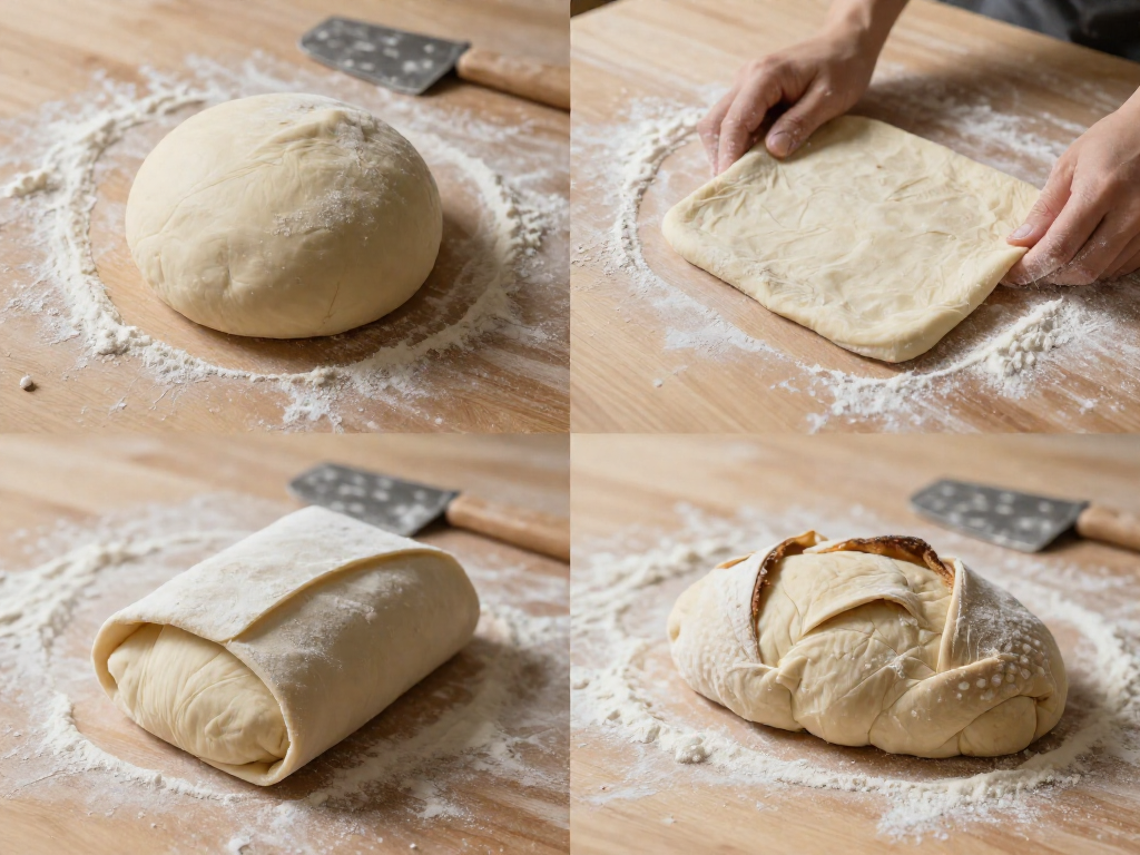 Four-step photo showing hands shaping dough from a round ball into an oval loaf, ending in a proofing basket.
