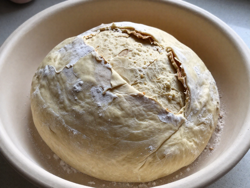 A deflated, torn dough loaf in a basket, looking flat and cracked.