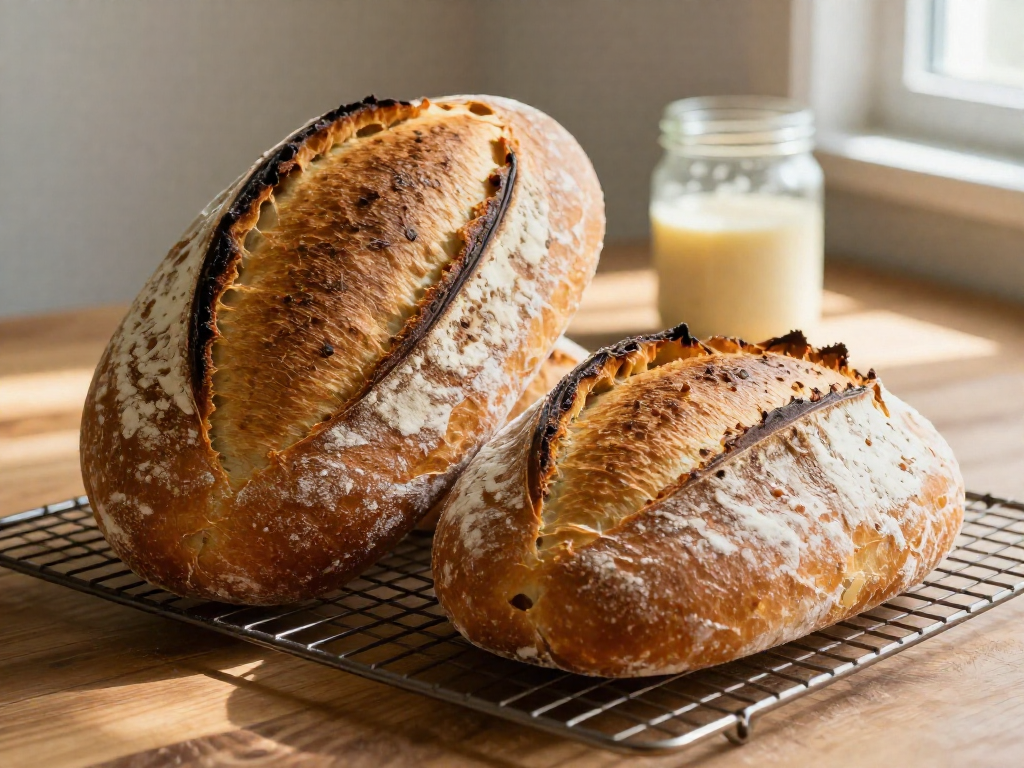 Two sourdough loaves on a rack: a tall oval one with a pronounced ear and a round one that is shorter and flatter.