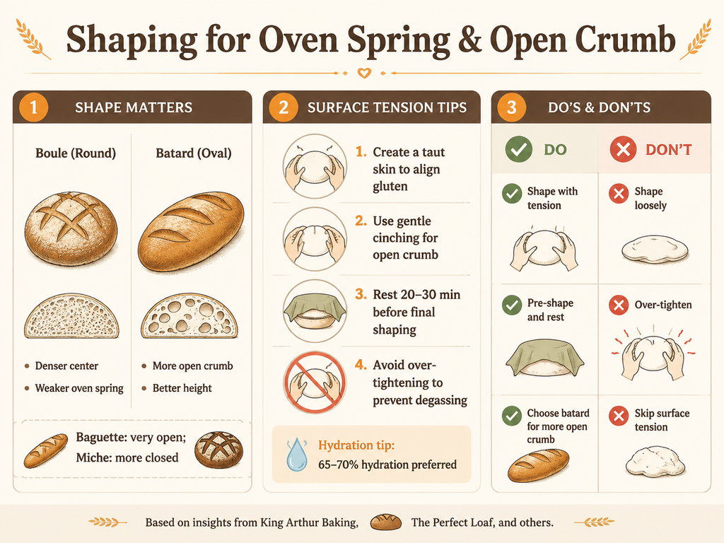 An infographic cheat sheet on sourdough shaping techniques for better oven spring and crumb. It compares boule and batard shapes, lists surface tension tips, and provides do's and don'ts for shaping. Key points: batard gives more open crumb, create surface tension, rest dough 20-30 minutes, avoid over-tightening.