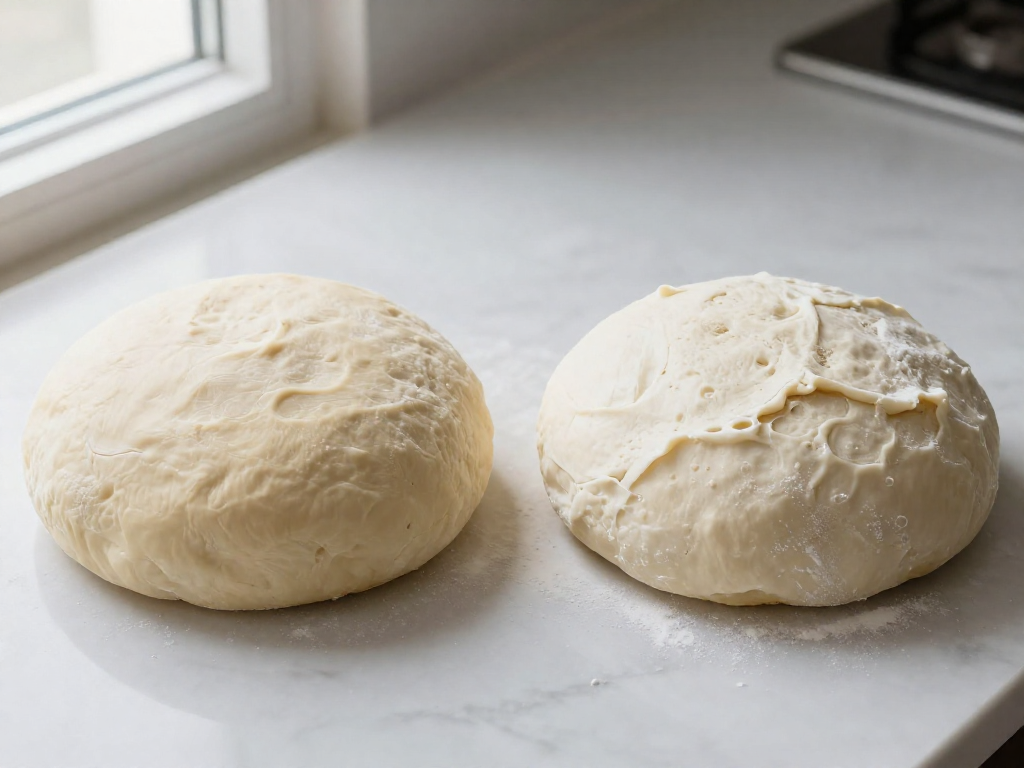 Side-by-side comparison of an under-proofed tight dough and an over-proofed slack dough in proofing baskets