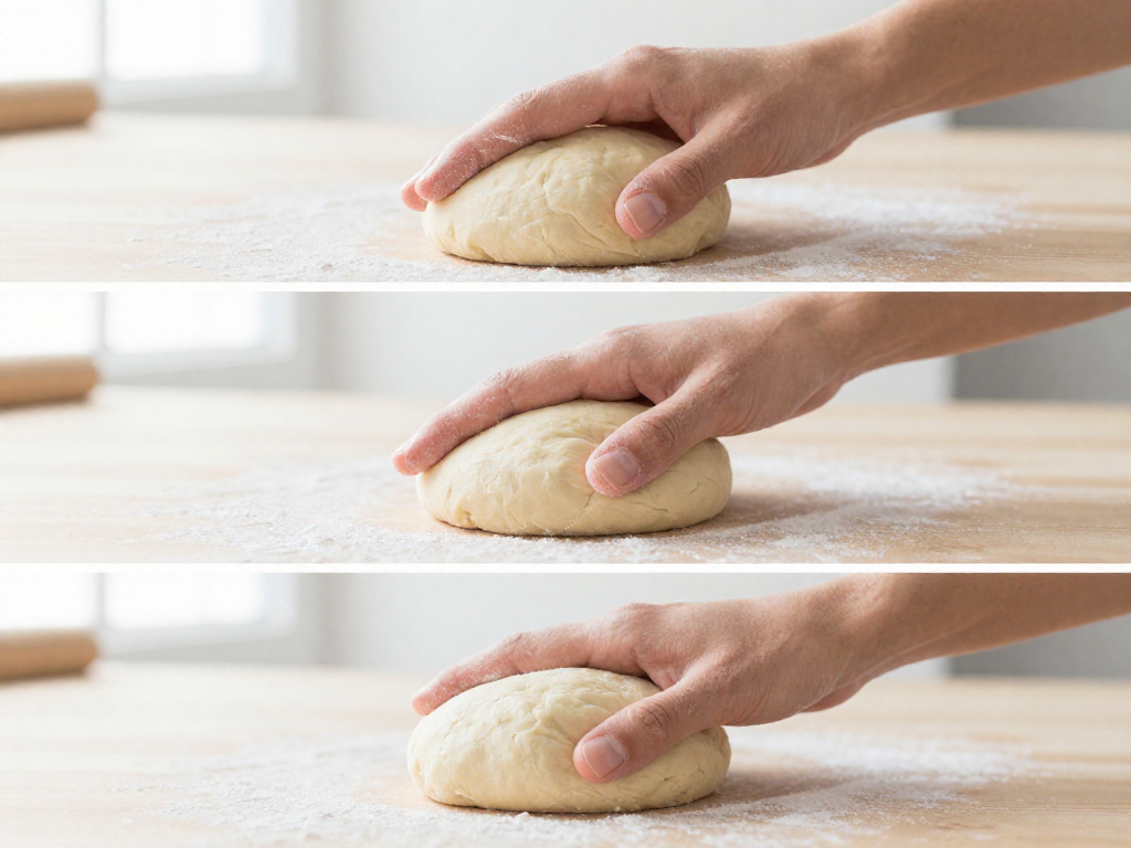 Close-up of a baker pressing a finger into proofed sourdough dough to demonstrate the poke test
