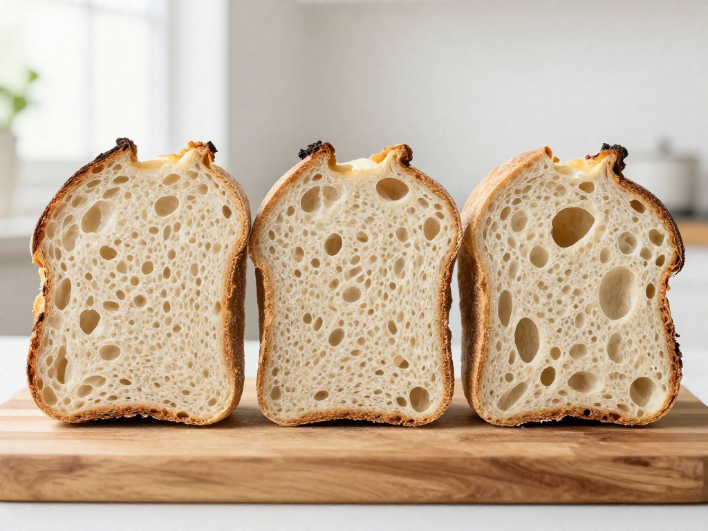 Cross-sections of under-proofed, well-proofed, and over-proofed sourdough crumb side by side