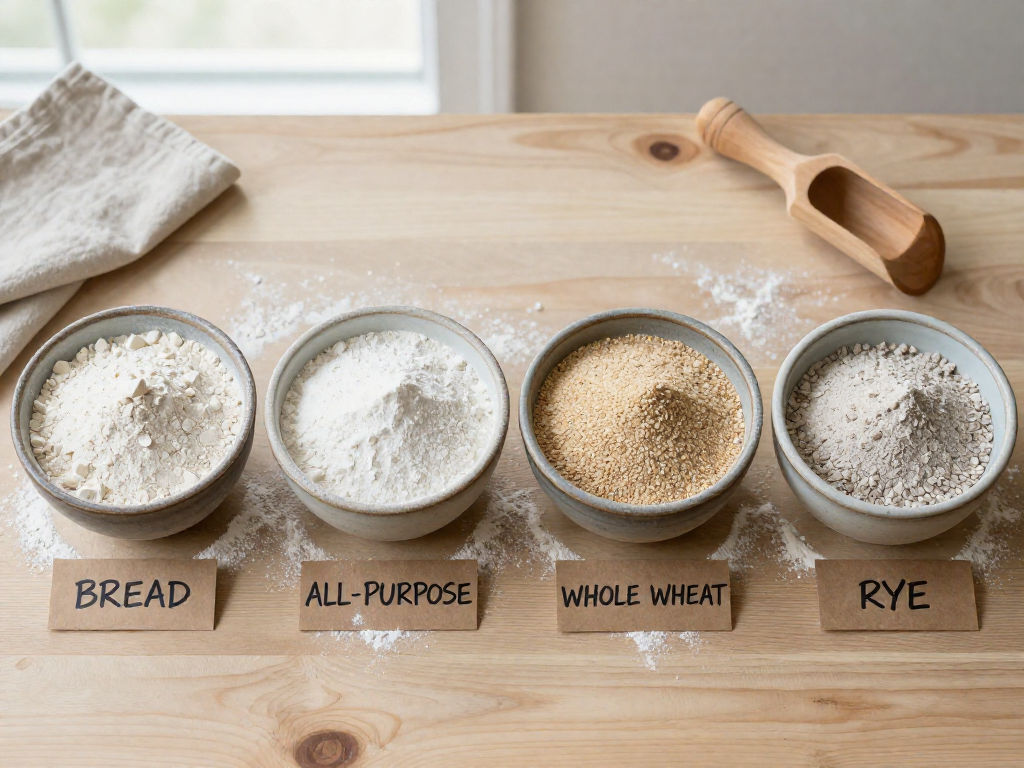 Four bowls of flour labeled bread, all-purpose, whole wheat, and rye arranged in a row for sourdough comparison