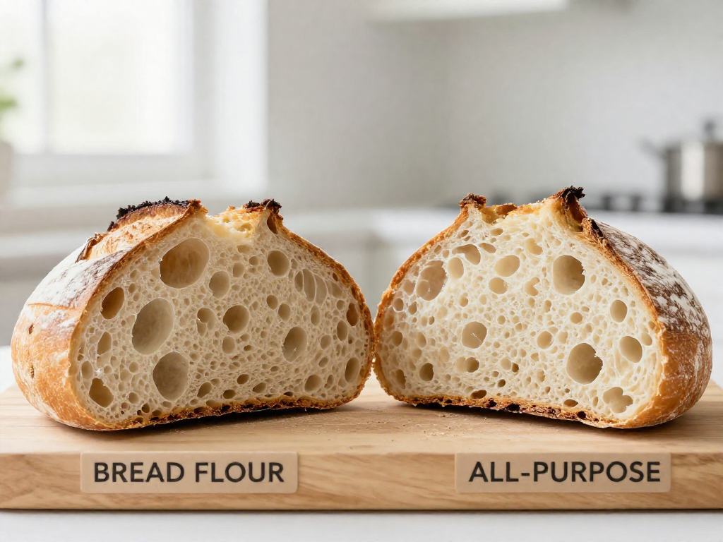 Two sourdough loaves sliced open side by side comparing bread flour crumb versus all-purpose flour crumb