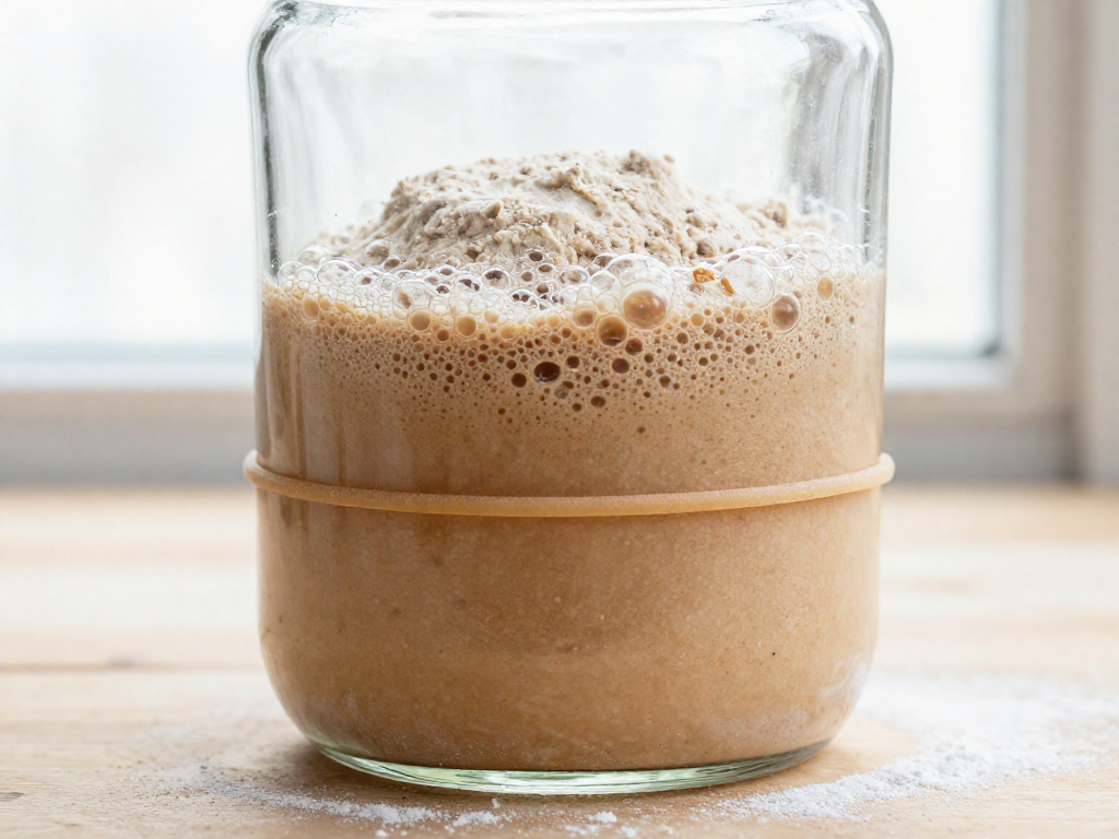 Close-up of a bubbly active whole-wheat-fed sourdough starter rising in a glass jar