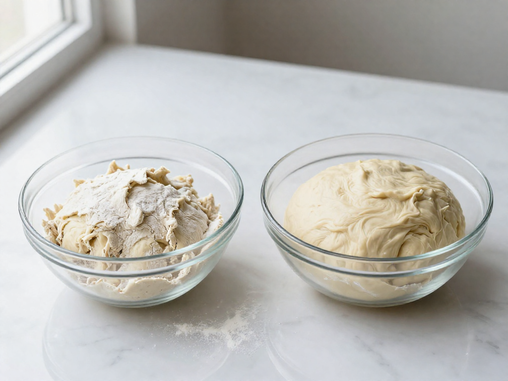 Two bowls side by side showing shaggy dough before autolyse and smooth dough after autolyse