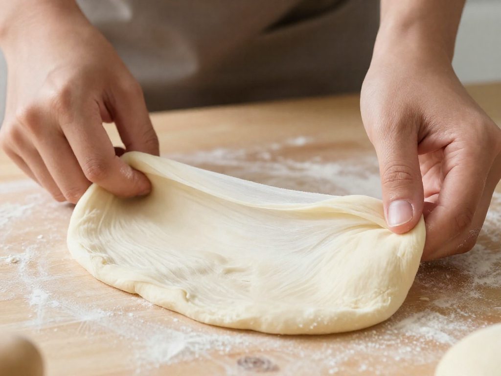 Close-up of hands stretching sourdough dough thin to show gluten development