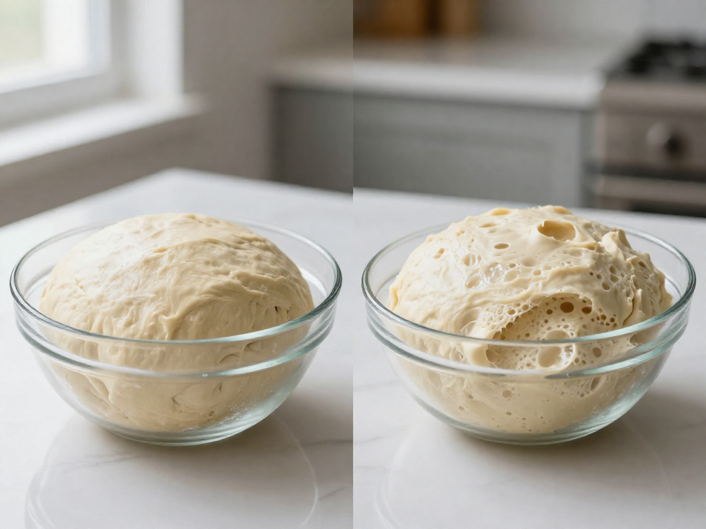 Sourdough dough shown before and after bulk fermentation in two glass bowls, the second visibly risen and airy