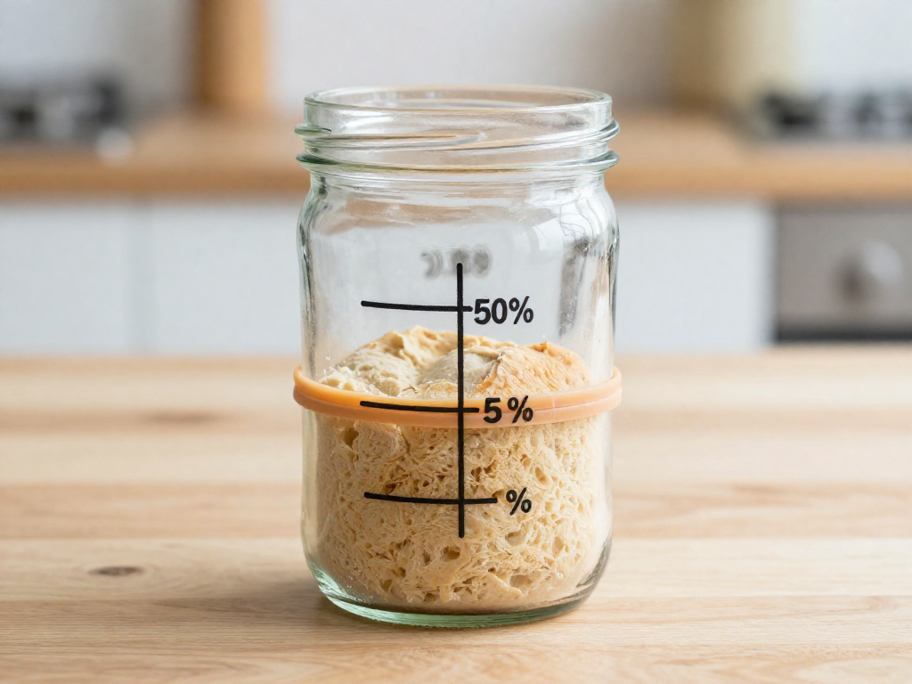 Glass aliquot jar with marked lines showing sourdough dough risen roughly 50 percent