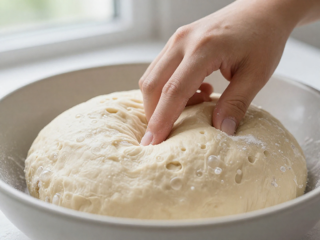 A finger pressing into risen sourdough dough to perform the poke test, leaving a slowly rebounding dimple