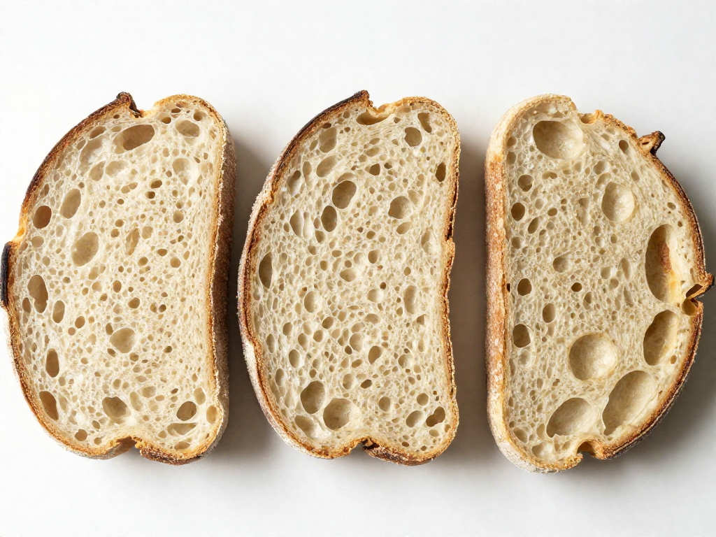 Three sourdough loaf cross-sections comparing under-proofed, perfectly proofed, and over-proofed crumb