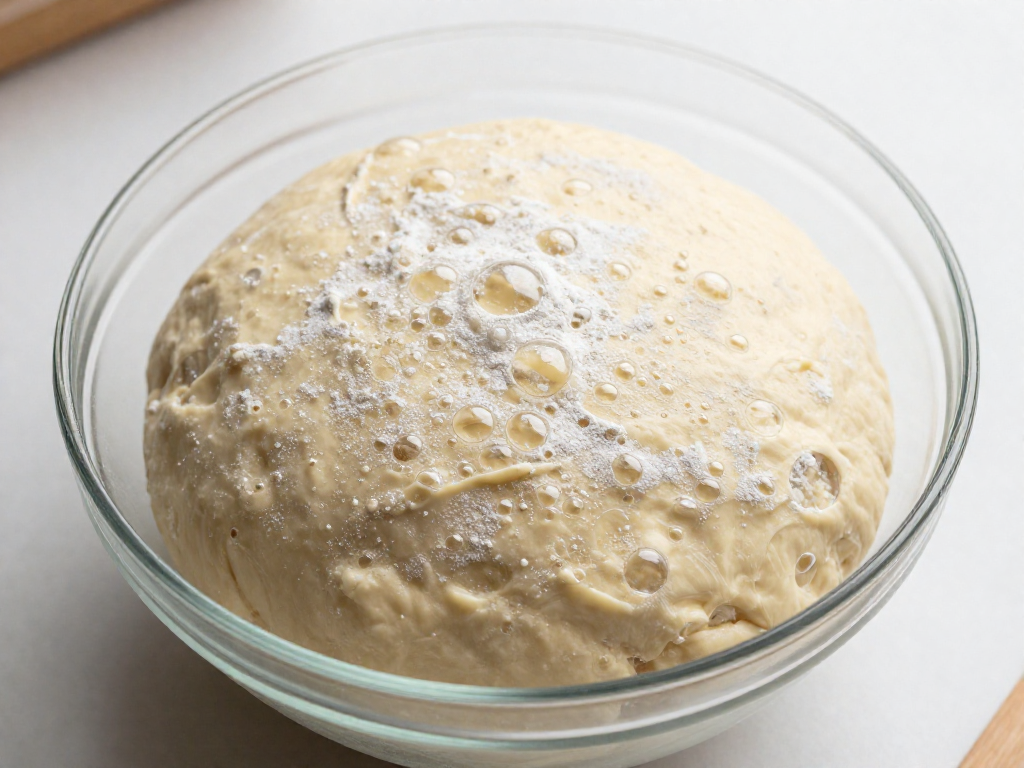 Overhead view of bubbly, domed sourdough dough surface indicating bulk fermentation is complete