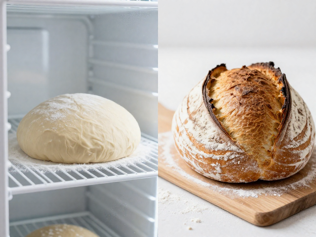 Shaped sourdough dough in a banneton going into the fridge beside a finished golden baked boule