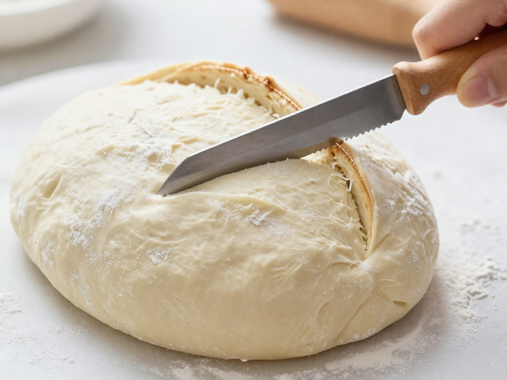 Cold sourdough dough scored with a lame showing a clean deep ear