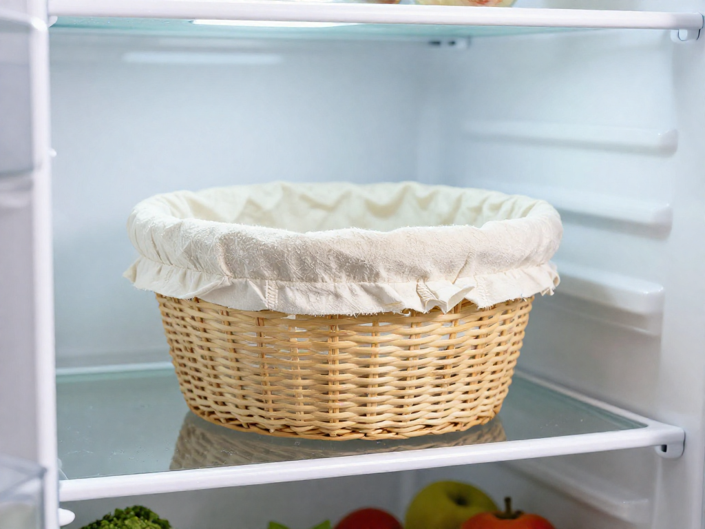 Covered banneton with sourdough dough resting on a refrigerator shelf
